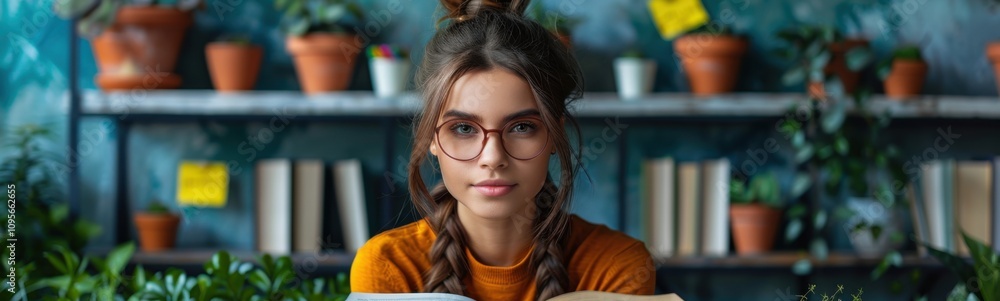 Woman reading a book in front of a shelf of plants Woman reading a book in front of a shelf of plants