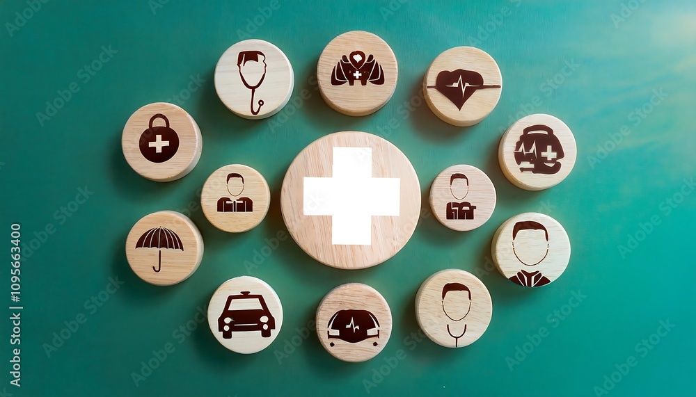 A wooden board with various medical icons on top, including a doctor. A wooden board with various medical icons on top, including a doctor.