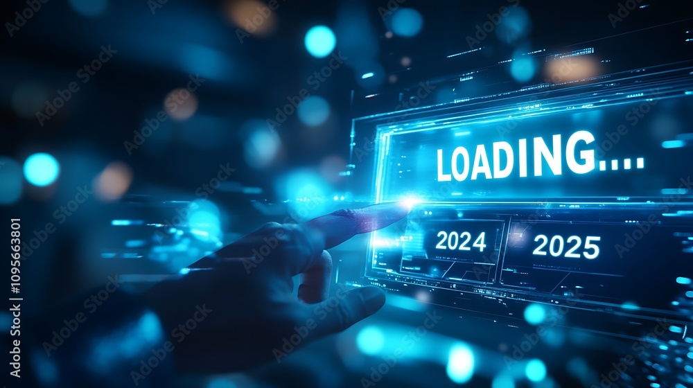 Progress and transition from 2024 to 2025 concept. A person pointing to loading bar transitioning from 2024 to 2025, progress, future planning, and new year goals. annual planning and business growth Progress and transition from 2024 to 2025 concept. A person pointing to loading bar transitioning from 2024 to 2025, progress, future planning, and new year goals. annual planning and business growth