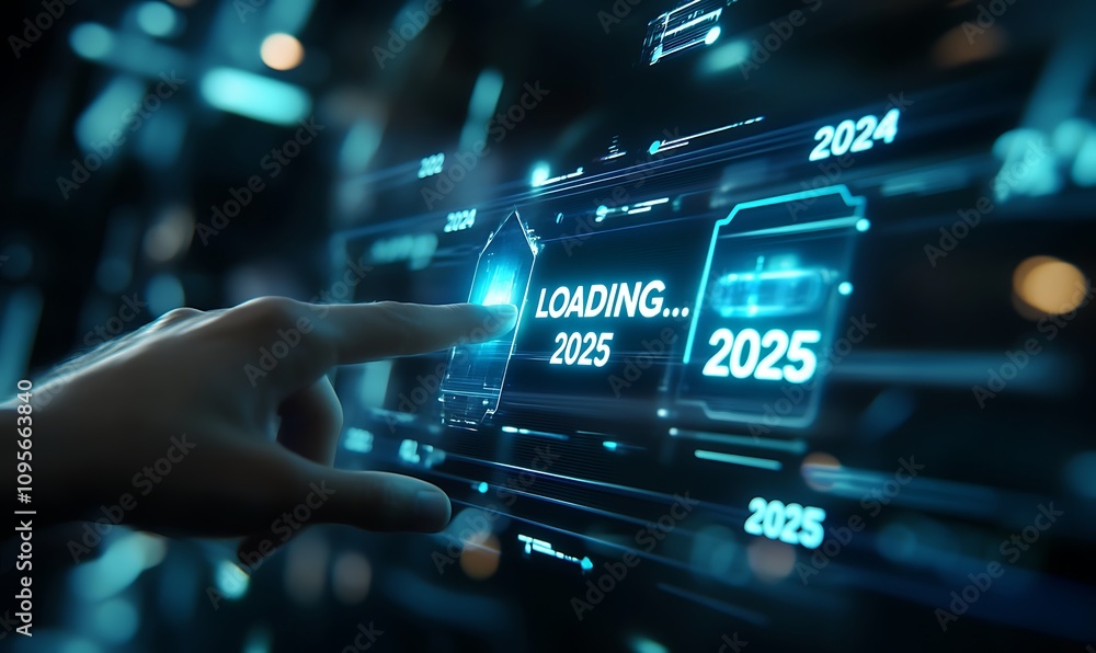 Progress and transition from 2024 to 2025 concept. A person pointing to loading bar transitioning from 2024 to 2025, progress, future planning, and new year goals. annual planning and business growth Progress and transition from 2024 to 2025 concept. A person pointing to loading bar transitioning from 2024 to 2025, progress, future planning, and new year goals. annual planning and business growth