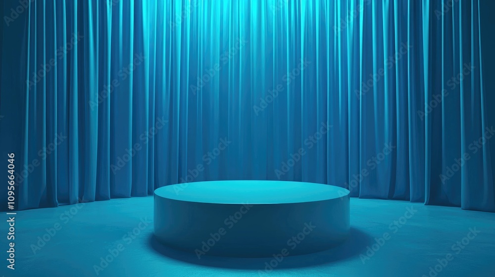 A Single Circular Platform in Front of Blue Curtains A Single Circular Platform in Front of Blue Curtains