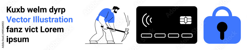 Worker using hammer with credit card and lock symbol, addressing cybersecurity, finance, digital security, online safety, identity verification, fraud prevention, digital payments. Ideal Worker using hammer with credit card and lock symbol, addressing cybersecurity, finance, digital security, online safety, identity verification, fraud prevention, digital payments. Ideal