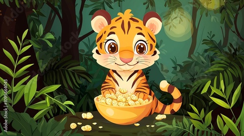 Cheerful and adorable tiger eating cereal from a bowl showcasing a fun and playful breakfast concept created with art style photo