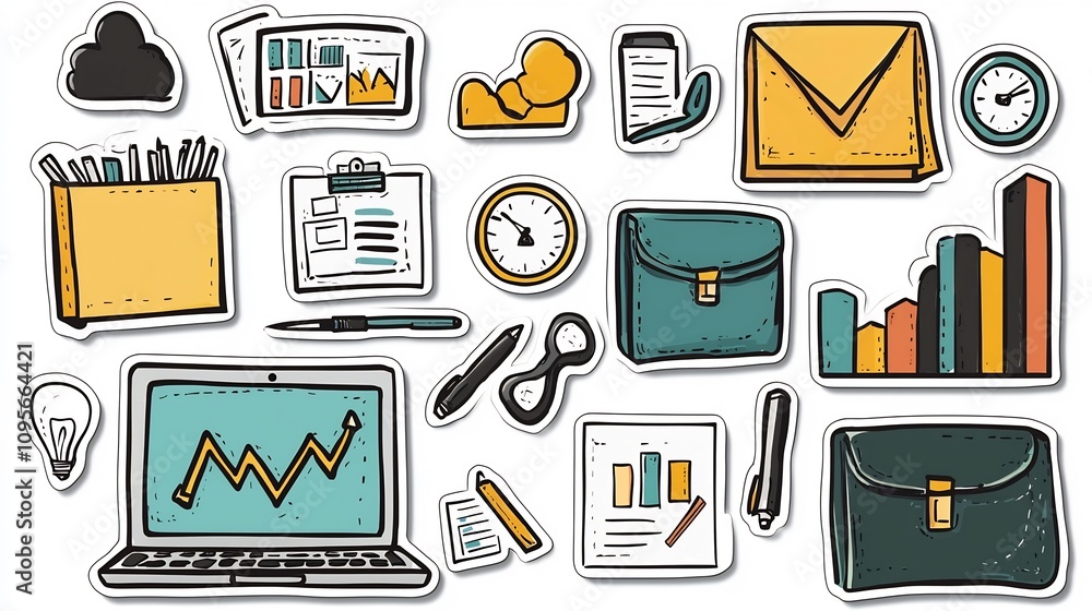Collection of sleek and modern sticker icons representing various business and office related items such as laptops graphs charts briefcases and other organizational tools and supplies Collection of sleek and modern sticker icons representing various business and office related items such as laptops graphs charts briefcases and other organizational tools and supplies