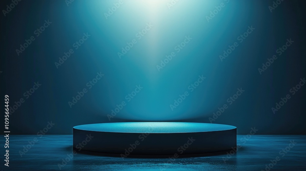 A Single Circular Pedestal Illuminated by a Spotlight on a Dark Blue Background A Single Circular Pedestal Illuminated by a Spotlight on a Dark Blue Background