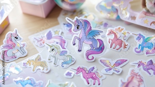 Collection of whimsical fantasy inspired stickers featuring adorable unicorns dragons and magical wands in a delightful array of vibrant colors and iridescent sparkly designs