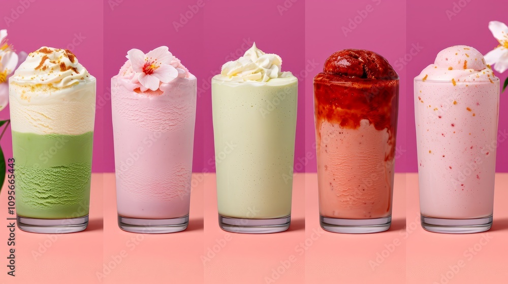 Colorful milkshakes displayed against a vibrant backdrop. Colorful milkshakes displayed against a vibrant backdrop.