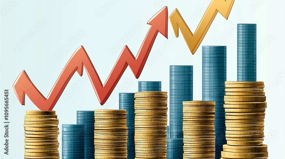 depicting a financial growth concept with stacks of coins and upward trending arrows representing concepts such as economic progress investment financial success and wealth accumulation depicting a financial growth concept with stacks of coins and upward trending arrows representing concepts such as economic progress investment financial success and wealth accumulation