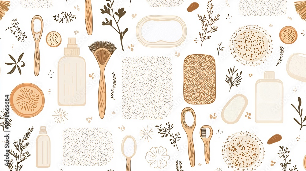 Detailed of a Zero Waste Bathroom Essentials Pattern Featuring Organic Towels Biodegradable Brushes and Reusable Cotton Pads in a Minimalist Flat Lay Arrangement Detailed of a Zero Waste Bathroom Essentials Pattern Featuring Organic Towels Biodegradable Brushes and Reusable Cotton Pads in a Minimalist Flat Lay Arrangement