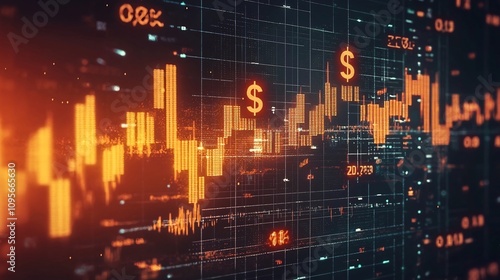 Wallpaper Mural Detailed depicting economic trends and financial data visualizations featuring rising charts graphs and dollar sign icons to represent market investment banking and financial performance metrics Torontodigital.ca