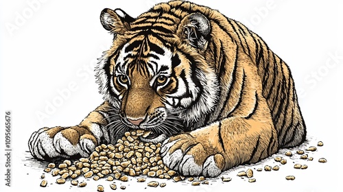Detailed of a Fierce Tiger Feeding on Colorful Cereal Grains in a Wildlife Nature Drawing Art