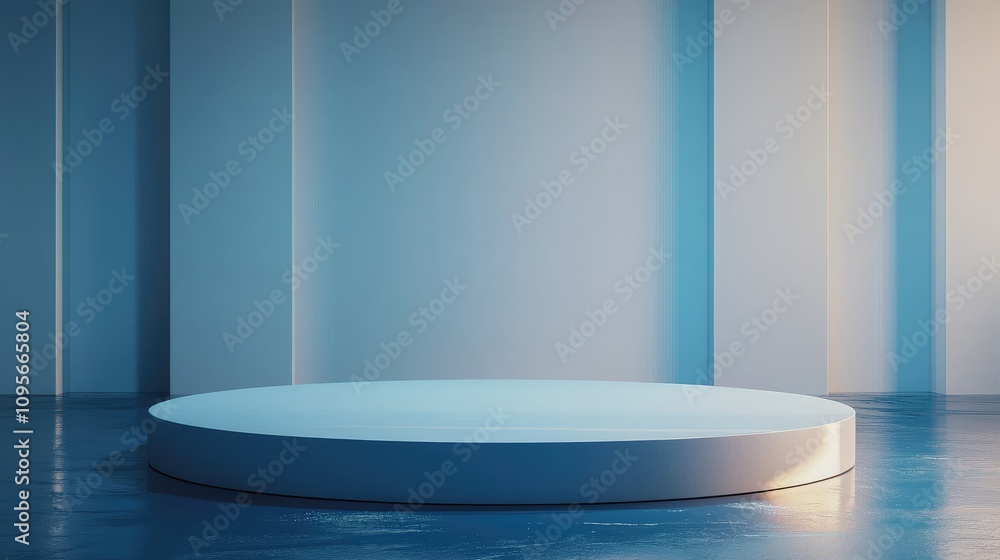 Circular Platform in a Blue and White Room with Reflective Floor Circular Platform in a Blue and White Room with Reflective Floor