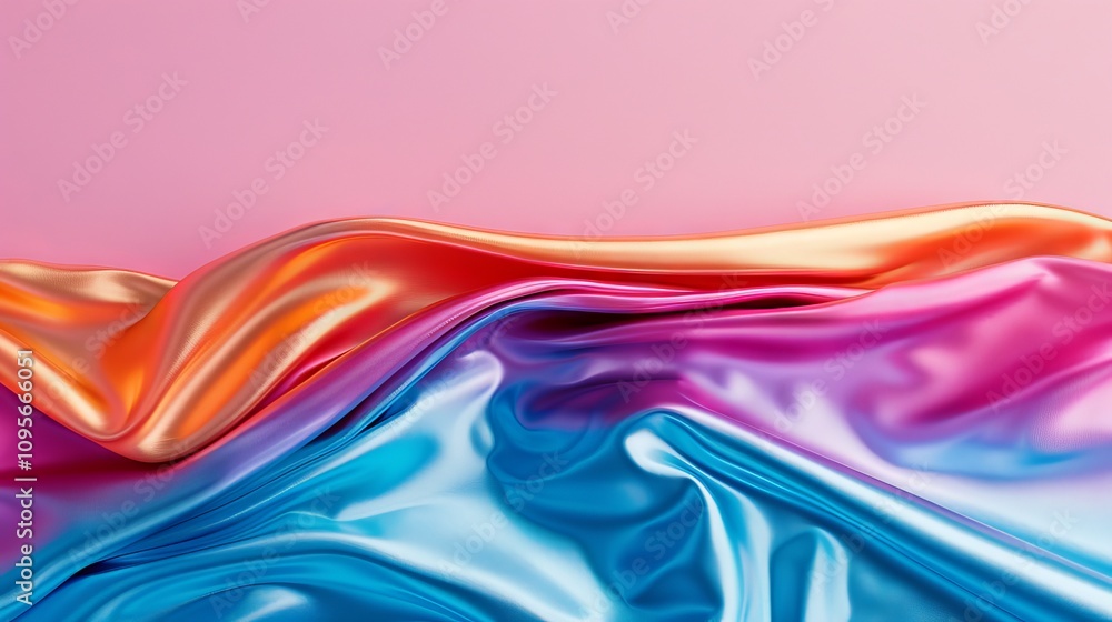 Fototapeta premium Colorful silk fabric draped against a pink background.