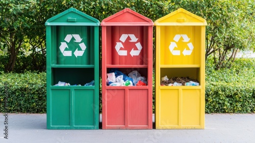 Public trash cans with multiple compartments for recyclables, compost, and general waste in a city park public bins, waste separation