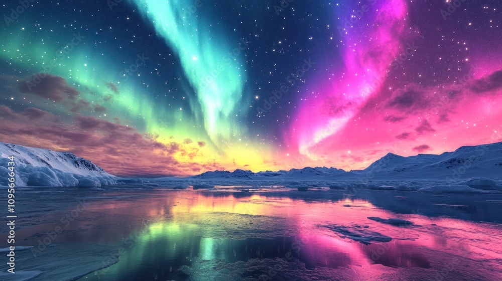 A beautiful aurora borealis is visible in the sky above a lake. The sky is filled with stars and the aurora is bright and colorful A beautiful aurora borealis is visible in the sky above a lake. The sky is filled with stars and the aurora is bright and colorful
