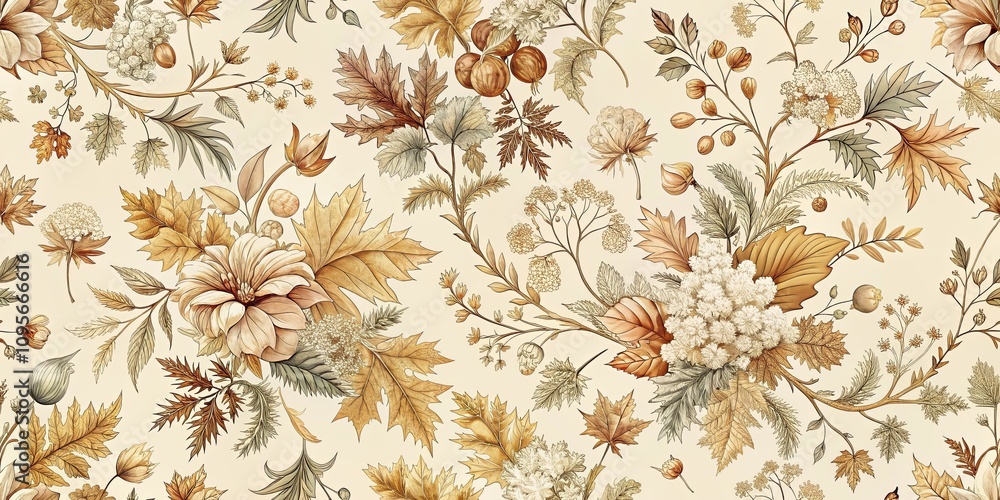 Elegant Autumnal Floral Pattern Featuring Delicate Blooms and Lush Leaves Elegant Autumnal Floral Pattern Featuring Delicate Blooms and Lush Leaves