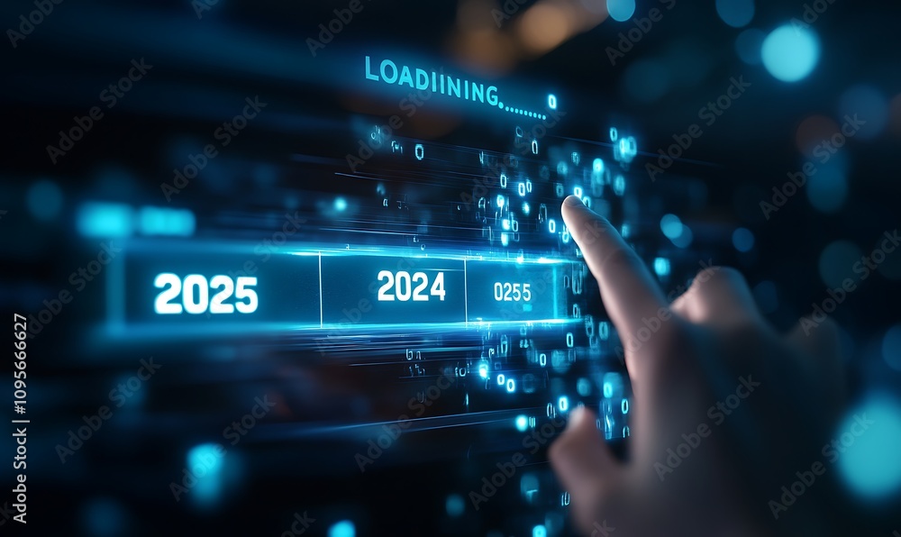 Progress and transition from 2024 to 2025 concept. A person pointing to loading bar transitioning from 2024 to 2025, progress, future planning, and new year goals. annual planning and business growth Progress and transition from 2024 to 2025 concept. A person pointing to loading bar transitioning from 2024 to 2025, progress, future planning, and new year goals. annual planning and business growth