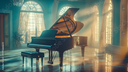 Elegant grand piano with open lid and polished reflective surface in a dimly lit luxurious interior space showcasing the intricate details of the instrument and the soft ambient lighting