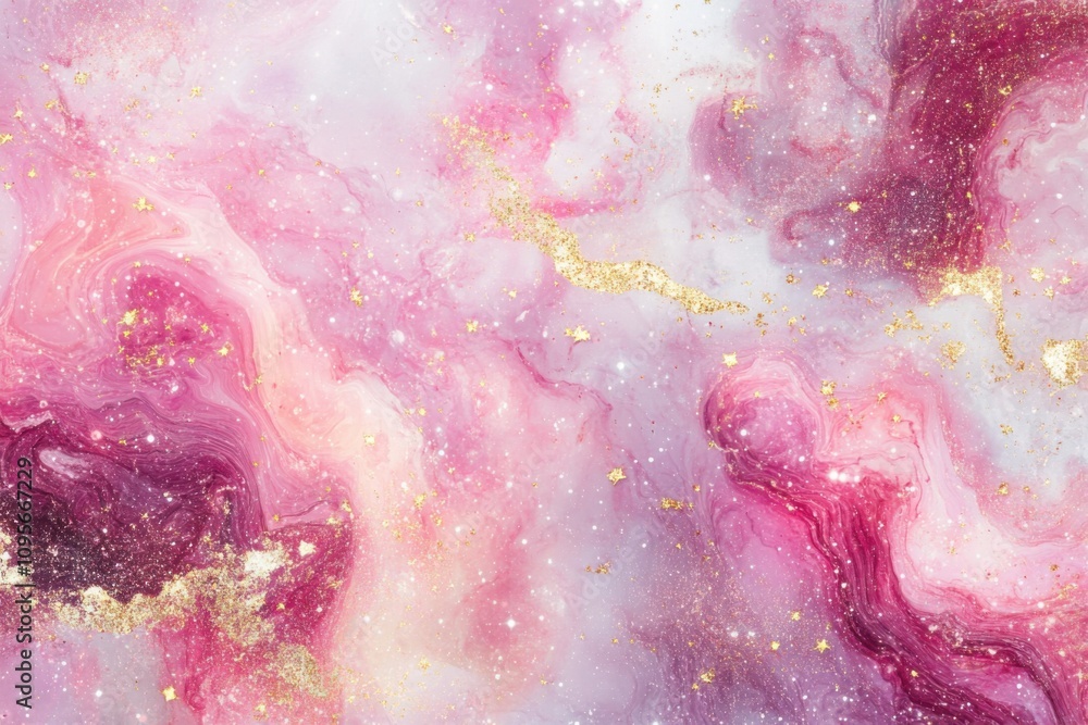 Obraz premium Mystical pink and gold cosmic nebula background with soft swirling clouds and shimmer 