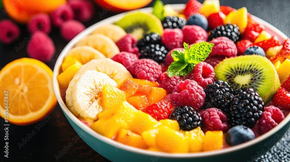 A vibrant bowl of mixed fruits featuring bananas, raspberries, blackberries, kiwi, and mango, garnished with mint leaves, perfect for a healthy snack. A vibrant bowl of mixed fruits featuring bananas, raspberries, blackberries, kiwi, and mango, garnished with mint leaves, perfect for a healthy snack.
