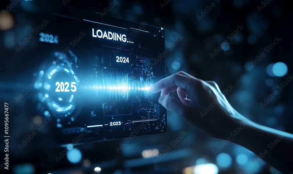 Progress and transition from 2024 to 2025 concept. A person pointing to loading bar transitioning from 2024 to 2025, progress, future planning, and new year goals. annual planning and business growth Progress and transition from 2024 to 2025 concept. A person pointing to loading bar transitioning from 2024 to 2025, progress, future planning, and new year goals. annual planning and business growth