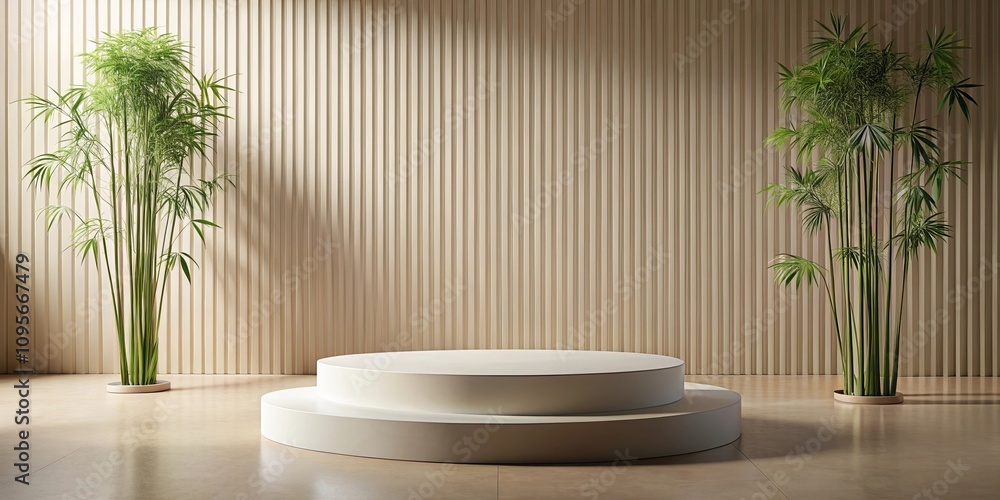 Serene Minimalist Interior with Two Plants and a White Circular Display Platform Serene Minimalist Interior with Two Plants and a White Circular Display Platform