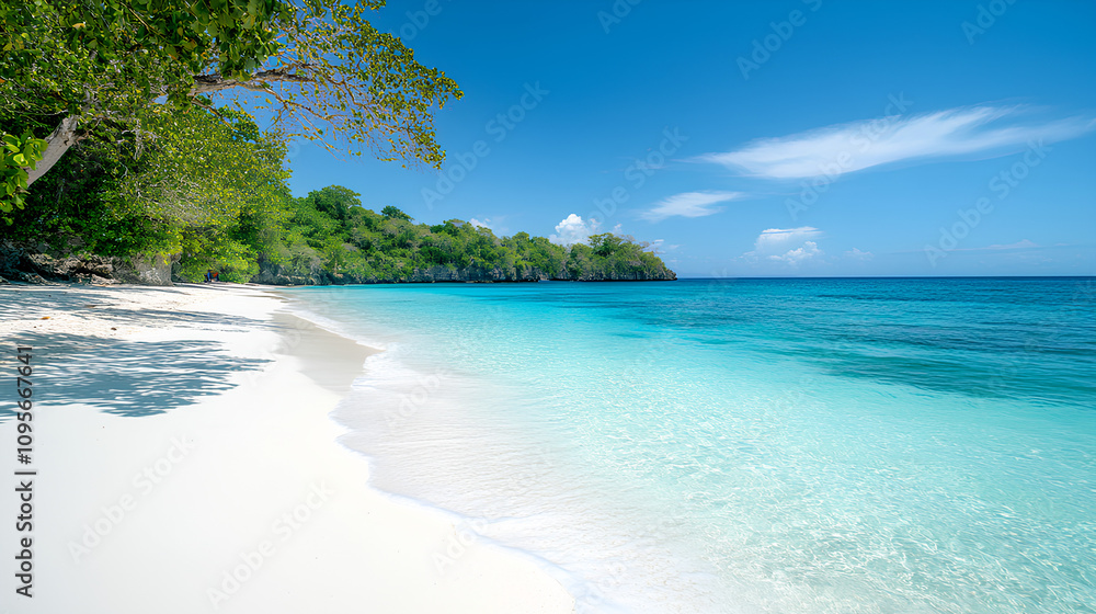 Panoramic View of a Beautiful Beach with White Sand and Turquoise Waters Panoramic View of a Beautiful Beach with White Sand and Turquoise Waters