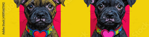 Colorful Pop Art Puppies with Heart Collars on Vibrant Yellow and Pink Background - Unique Dog Portraits Perfect for Modern Wall Art and Pet Lovers Decor