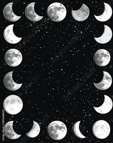 Phases of the Moon Lunar Cycle Illustrated Design with Starry Night Sky Background for Astronomy and Space Themed Art and Decor Illustrations