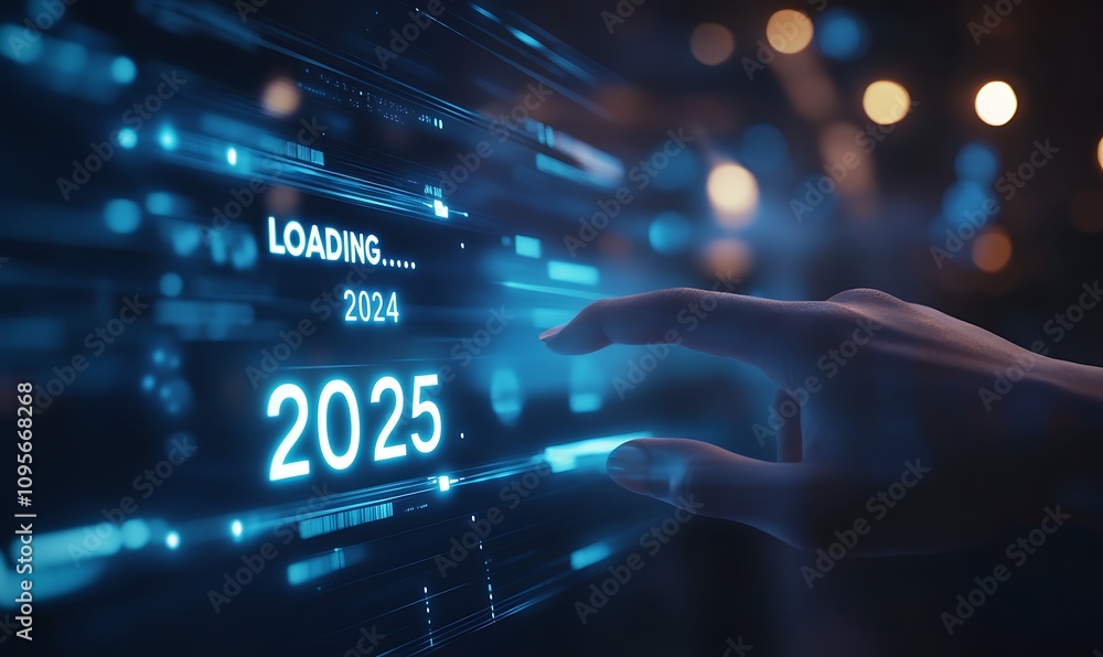Progress and transition from 2024 to 2025 concept. A person pointing to loading bar transitioning from 2024 to 2025, progress, future planning, and new year goals. annual planning and business growth Progress and transition from 2024 to 2025 concept. A person pointing to loading bar transitioning from 2024 to 2025, progress, future planning, and new year goals. annual planning and business growth