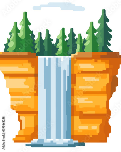 Pixel Art Waterfall with Lush Green Pine Trees and Rocky Cliffs - Vibrant Pixelated Nature Scene - Digital Illustration of Serenity and Wilderness