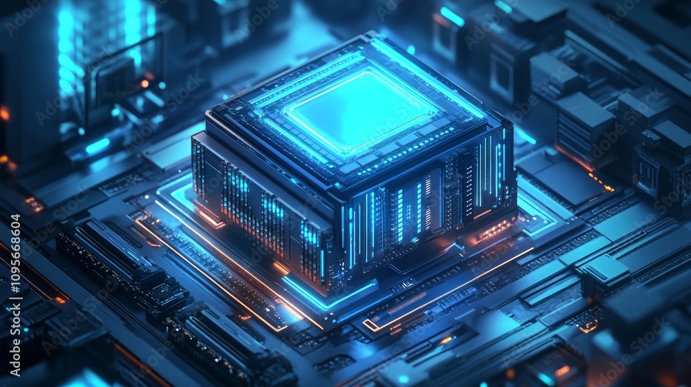 Futuristic glowing blue CPU on circuit board. Futuristic glowing blue CPU on circuit board.