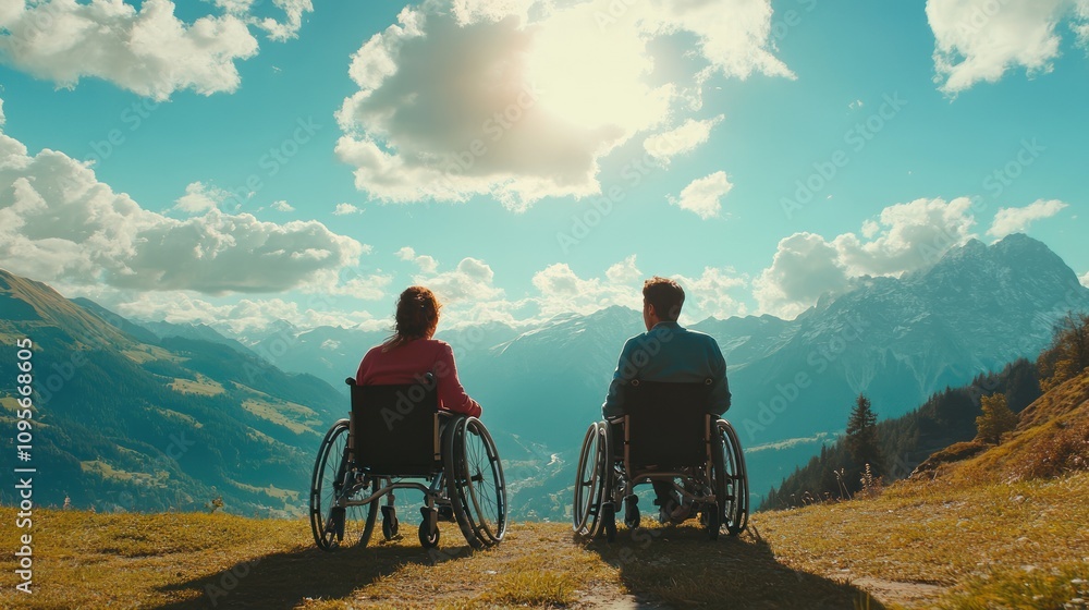 Fototapeta premium Couple in wheelchairs enjoying mountain view. (1)