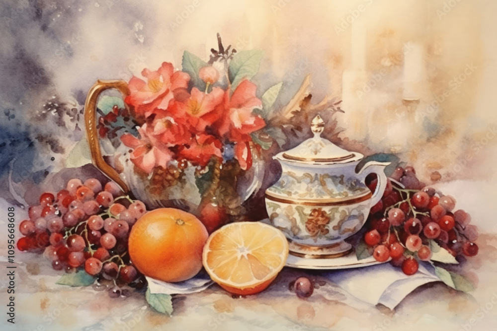 still life with grapes and fruits, antique dishes, illustration., watercolor style, still life with grapes and fruits, antique dishes, illustration., watercolor style,