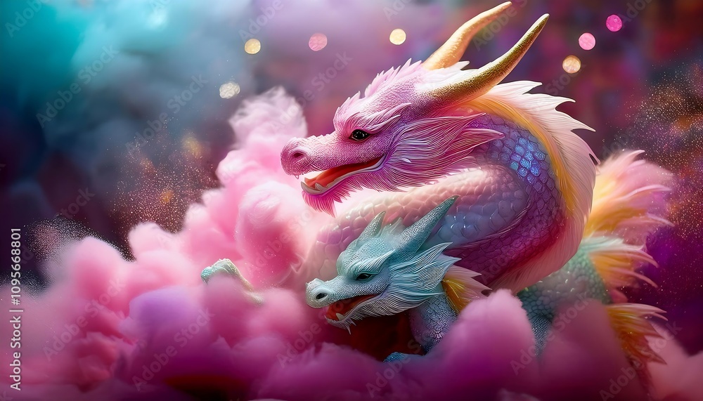 Two bright and pastel colored dragons. These dragons are surrounded by dreamy clouds with floating particles. Two bright and pastel colored dragons. These dragons are surrounded by dreamy clouds with floating particles.