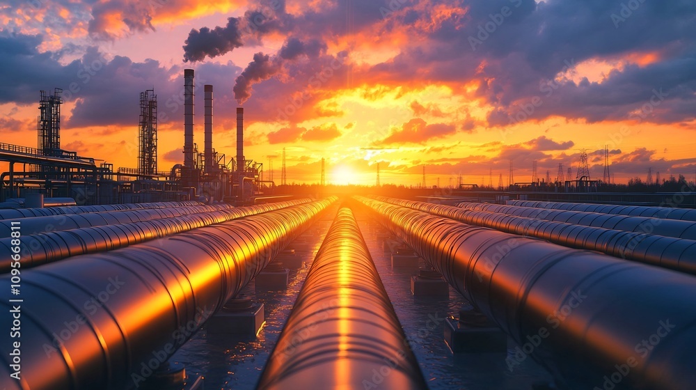 Impressive view of a modern geothermal energy production facility with towering smokestacks and pipelines silhouetted against a dramatic orange and blue sunset sky Impressive view of a modern geothermal energy production facility with towering smokestacks and pipelines silhouetted against a dramatic orange and blue sunset sky