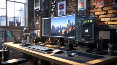 Modern workspace with curved monitor.