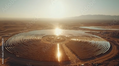 Innovative Concentrated Solar Power System for Large Scale Renewable Energy Production in Desert Landscape  Futuristic Architecture with Radial Symmetry and Reflective Panels Harnessing Solar Energy photo