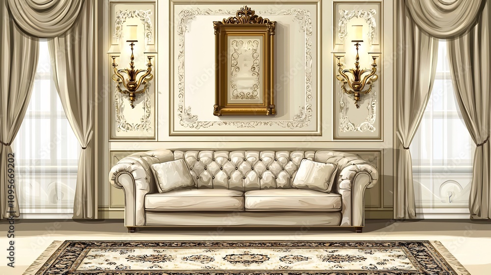 Luxurious and Elegant Home Interior Design with Tufted Sofa Decorative Curtains Ornate Chandelier and Patterned Rug Showcasing a Traditional and Opulent Living Room Setting Luxurious and Elegant Home Interior Design with Tufted Sofa Decorative Curtains Ornate Chandelier and Patterned Rug Showcasing a Traditional and Opulent Living Room Setting