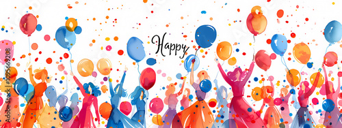 Wallpaper Mural A vibrant celebration scene featuring diverse people holding colorful balloons, expressing joy and happiness in a festive atmosphere. Torontodigital.ca