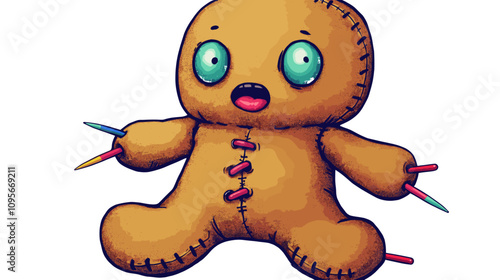 Voodoo Doll Cartoon Illustration with Colorful Pins: Cute Plush Charm Symbolism in Mystical Art for Halloween, Magic, Witchcraft, and Spiritual Practices
