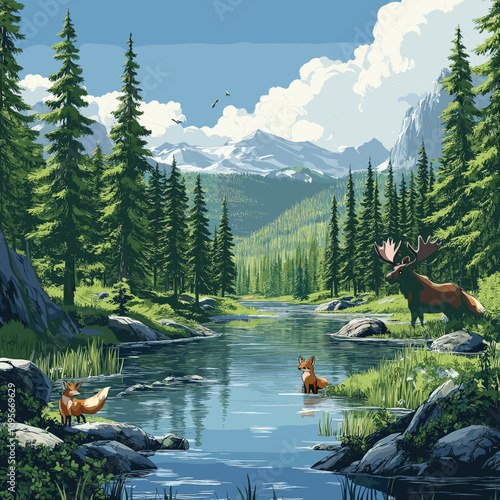 Majestic Mountain Landscape with Moose, Foxes, Pine Forest, River, Mountains, Blue Sky, Clouds, Wildlife, Nature Scenery, Wilderness Exploration Destination