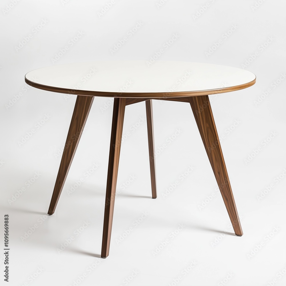 A modern round table featuring a white tabletop and wooden legs, merging functionality with elegance, suitable for minimalistic or contemporary interior designs. A modern round table featuring a white tabletop and wooden legs, merging functionality with elegance, suitable for minimalistic or contemporary interior designs.