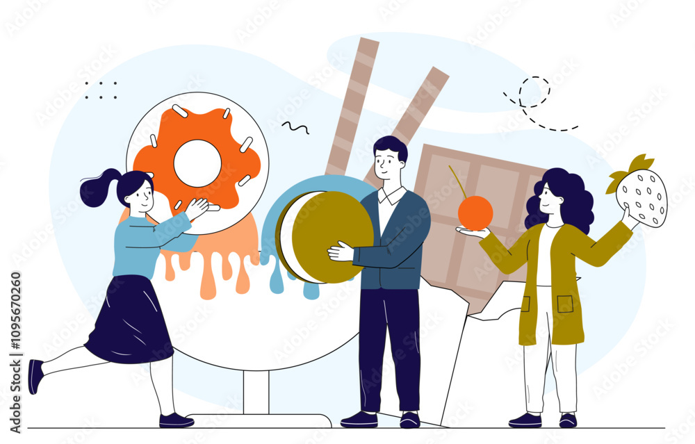 Obraz premium People with sweets. Men and women with huge donuts, chocolate bars and macaroni. Candy and bakery, pastry products, confectionery. Linear vector illustration