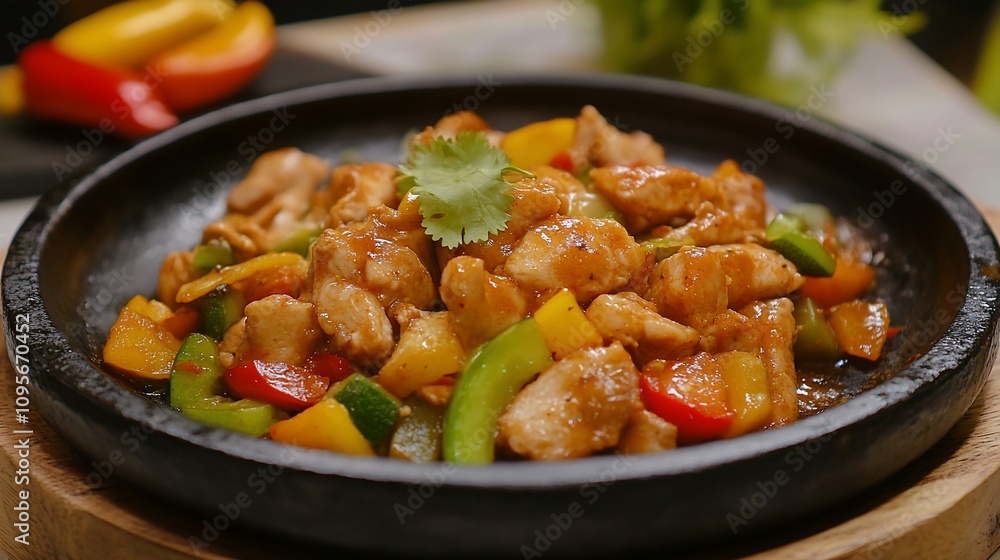 Delicious chicken stir-fry with bell peppers in a sizzling hot pan. Delicious chicken stir-fry with bell peppers in a sizzling hot pan.