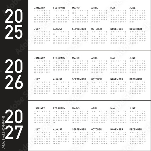 2025 2026 2027 year calendar vector design template