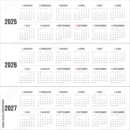 2025 2026 2027 year calendar vector design template