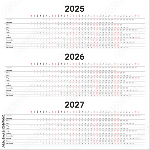 2025 2026 2027 year calendar vector design template