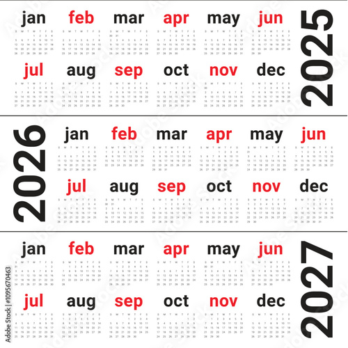 2025 2026 2027 year calendar vector design template