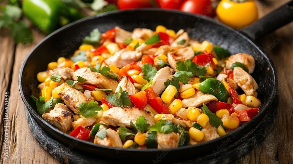 Grilled chicken and vegetable skillet. Grilled chicken and vegetable skillet.